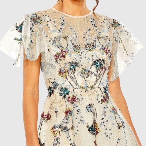 Mac Duggal 20510 Flutter Sleeve High Neck Embellished Floral Dress - Picture 3 of 13